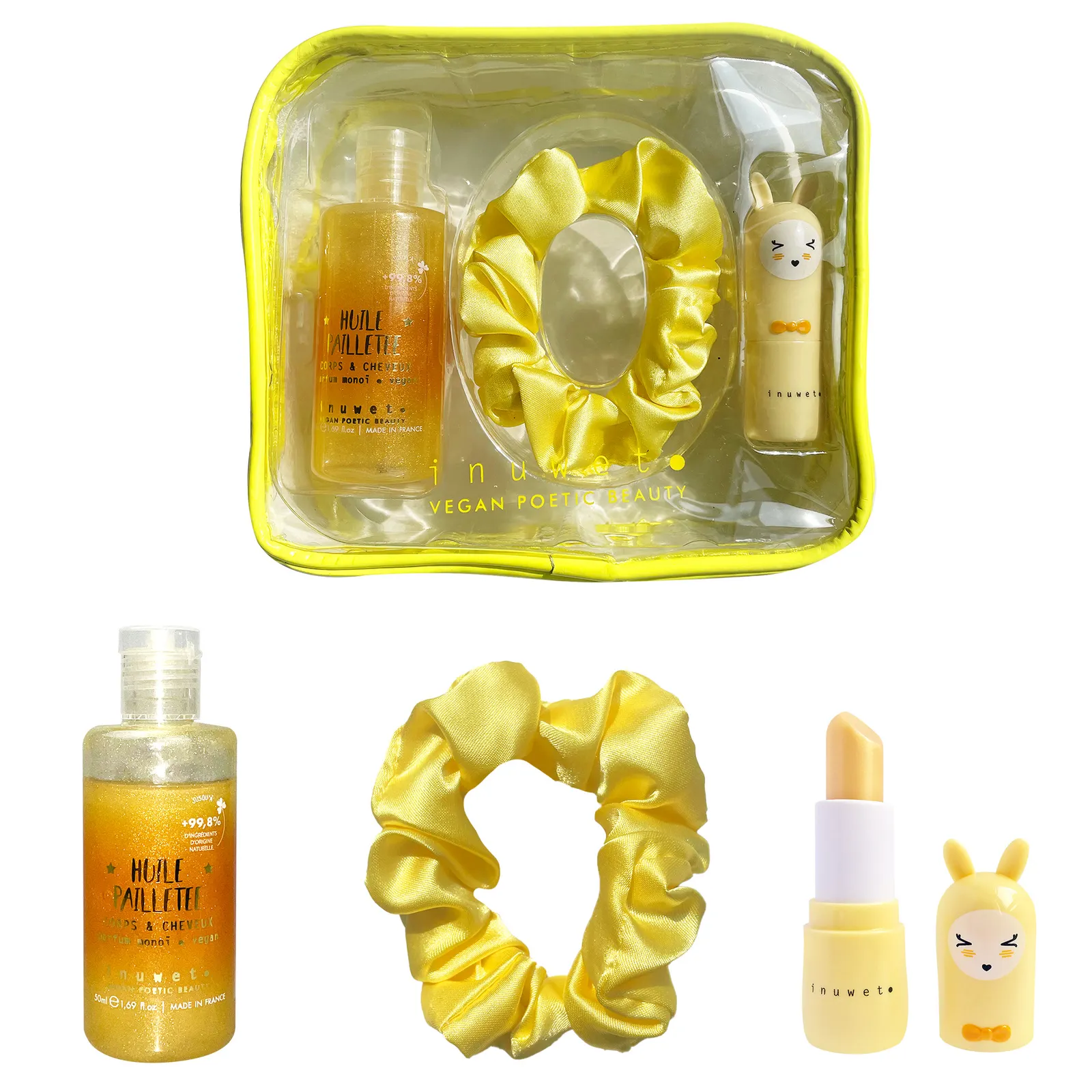 Inuwet - zestaw Camille: olejek do ciała i włosów z brokatem Monoi i balsam do ust Ananas Inuwet - zestaw Camille: olejek do ciała i włosów z brokatem Monoi i balsam do ust Ananas