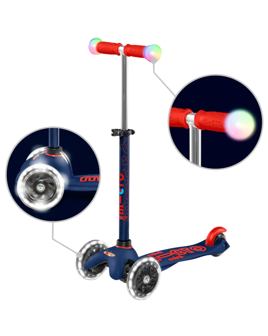 Micro - hulajnoga ze świecącymi kołami i rączkami Mini Micro Deluxe Magic LED Navy Blue