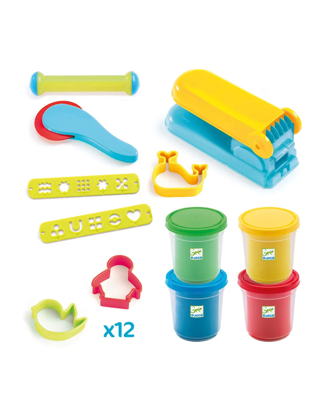 Djeco - zestaw masy plastycznej 4 kolory z 15 akcesoriami Djeco - zestaw masy plastycznej 4 kolory z 15 akcesoriami