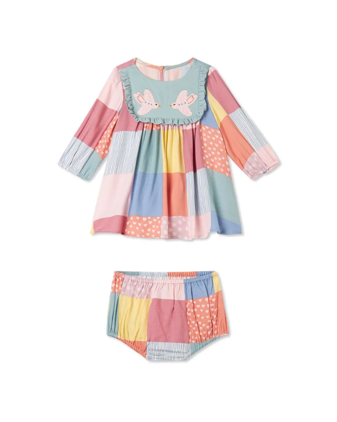 Stella McCartney - patchworkowa sukienka z ptaszkiem i falbankami Stella McCartney - patchworkowa sukienka z ptaszkiem i falbankami