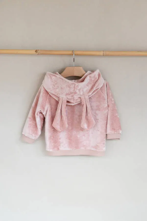 Bamboom - aksamitny kardigan z kapturem i uszami królika jasnoróżowy