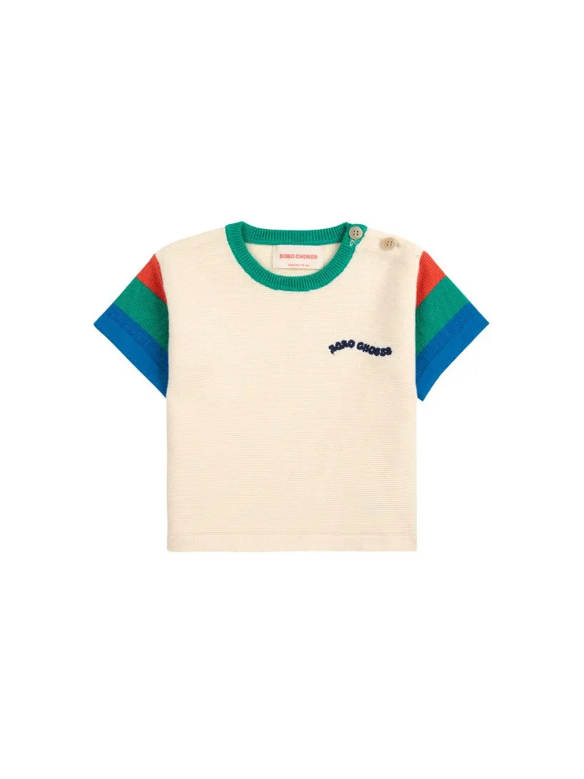 BOBO CHOSES - dzianinowy T-shirt dziecięcy Color Block off wihte złamana biel 