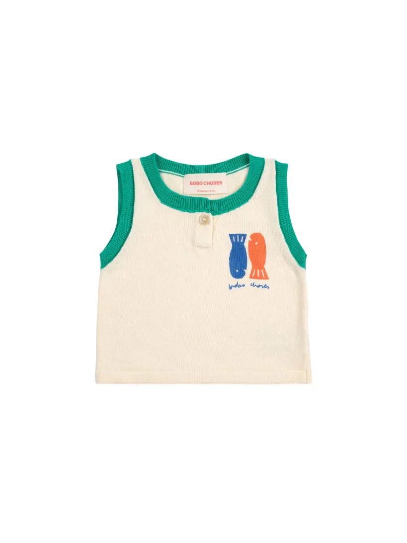 BOBO CHOSES - dzianinowy top T-shirt Lucky Fish w rybki off wihte złamana biel