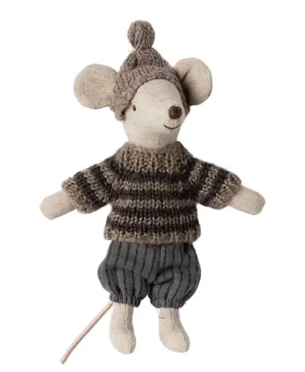 Maileg - myszka zimowa starszy brat z nartami szara