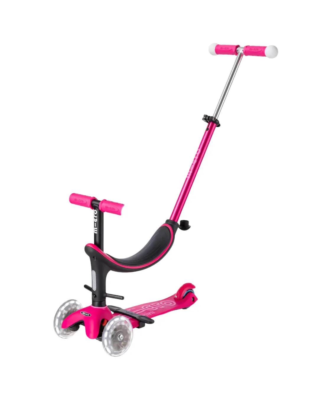Micro - hulajnoga jeździk ze świecącymi kołami i rączkami Micro Mini2Grow Deluxe Magic LED Pink
