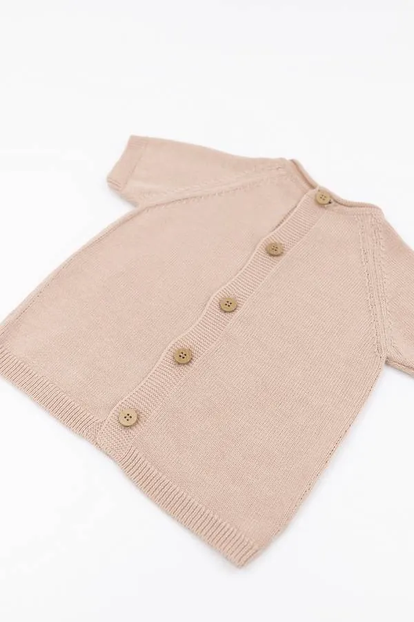 Bamboom - dzianinowa bluzka niemowlęca z krótkim rękawem zapinana na plecach różowa Bamboom - dzianinowa bluzka niemowlęca z krótkim rękawem zapinana na plecach różowa