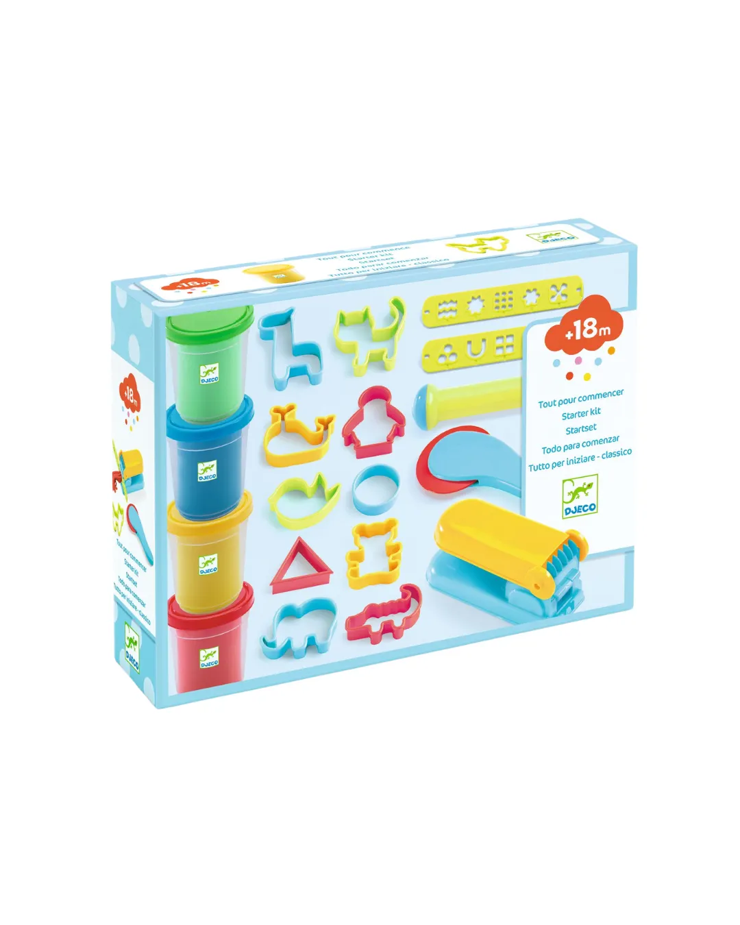 Djeco - zestaw masy plastycznej 4 kolory z 15 akcesoriami Djeco - zestaw masy plastycznej 4 kolory z 15 akcesoriami