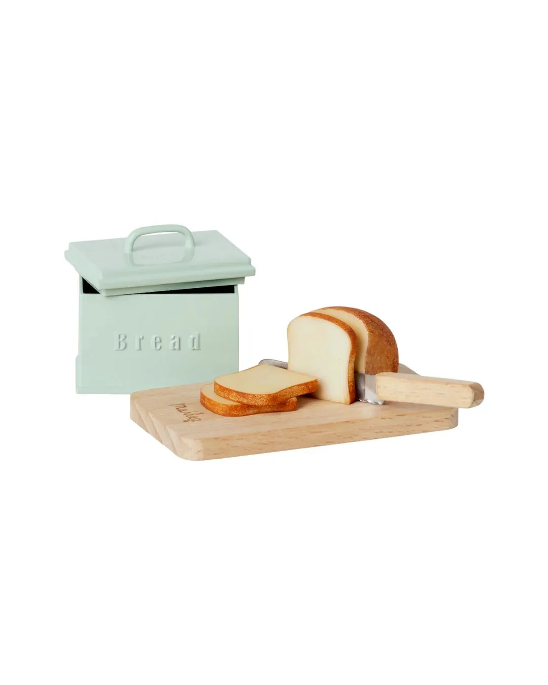 Maileg - miniaturowy zestaw śniadaniowy z chlebem, deską i nożem Maileg - miniaturowy zestaw śniadaniowy z chlebem, deską i nożem