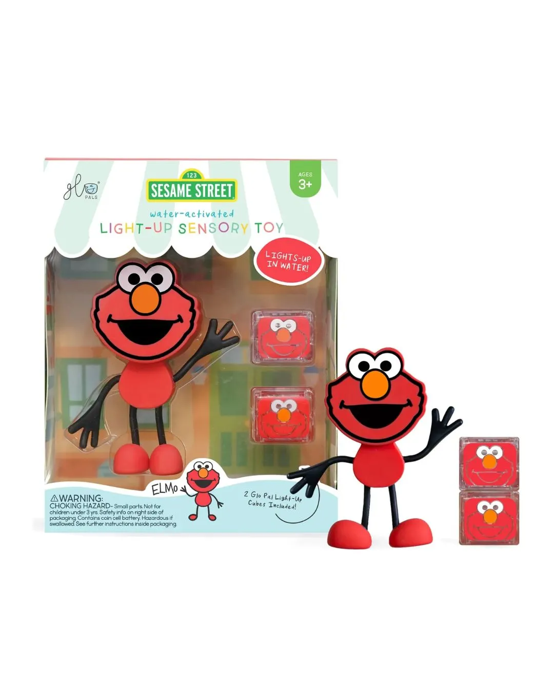 Glo Pals - postać do kąpieli Elmo z dwiema kostkami sensorycznymi świecącymi w wodzie Glo Pals - postać do kąpieli Elmo z dwiema kostkami sensorycznymi świecącymi w wodzie