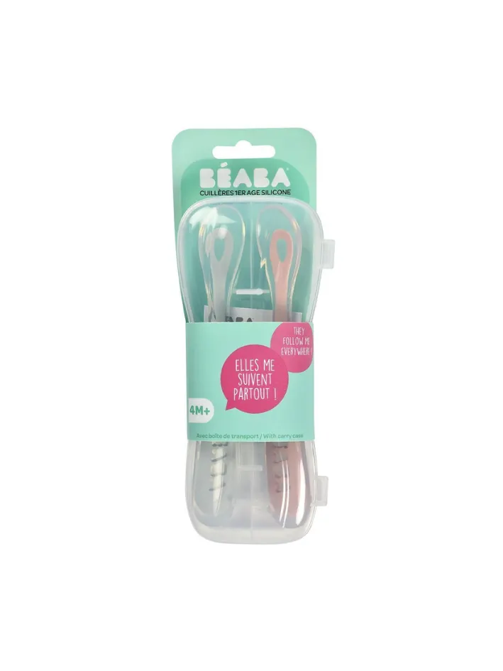Beaba - zestaw 2 Łyżeczek silikonowych w podróżnym etui 4m+ (2 szt.) Old Pink Beaba - zestaw 2 Łyżeczek silikonowych w podróżnym etui 4m+ (2 szt.) Old Pink