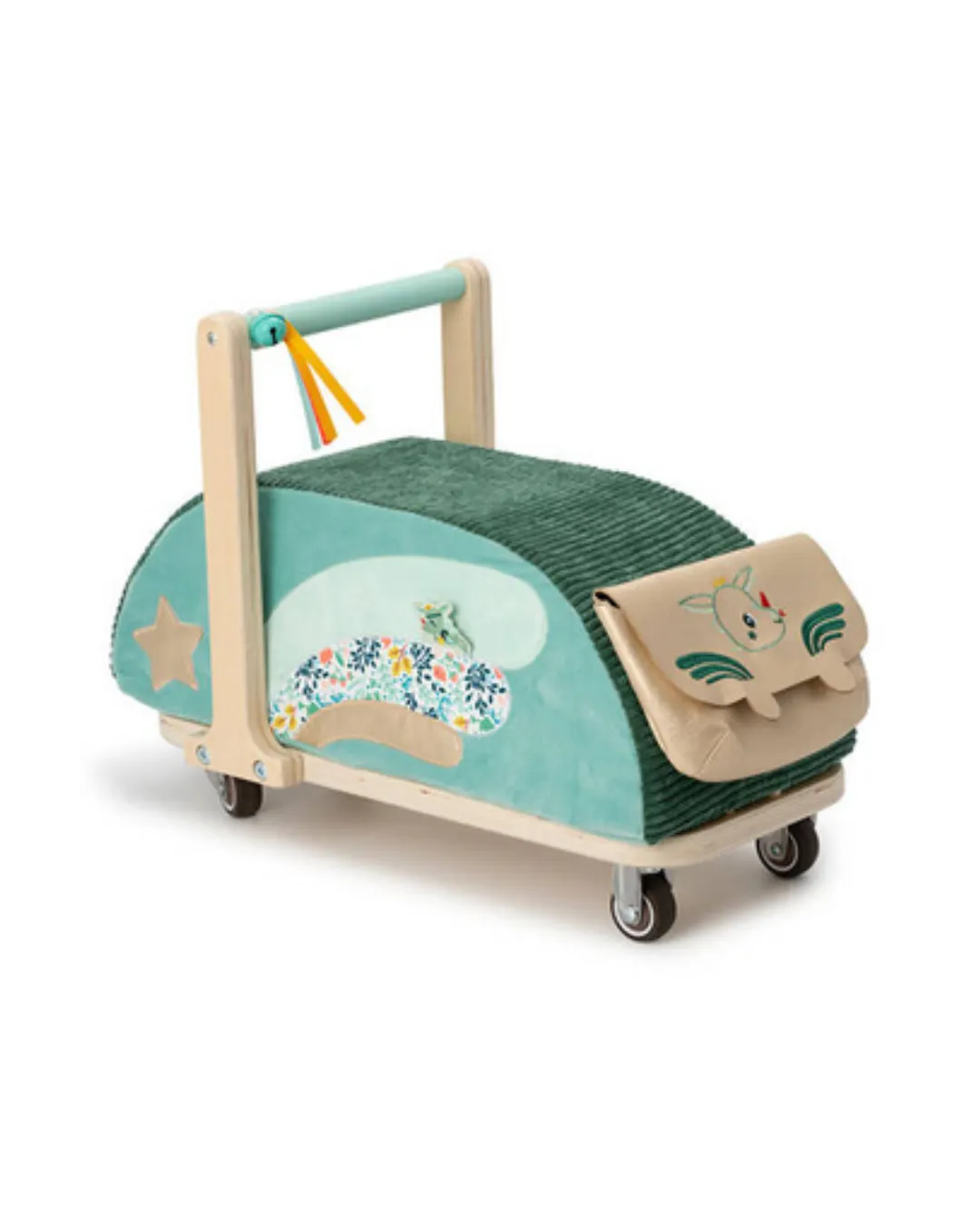 Lilliputiens - drewniany jeździk 2 w 1 z miękkim siedziskiem i torebką Smok Joe 12m+