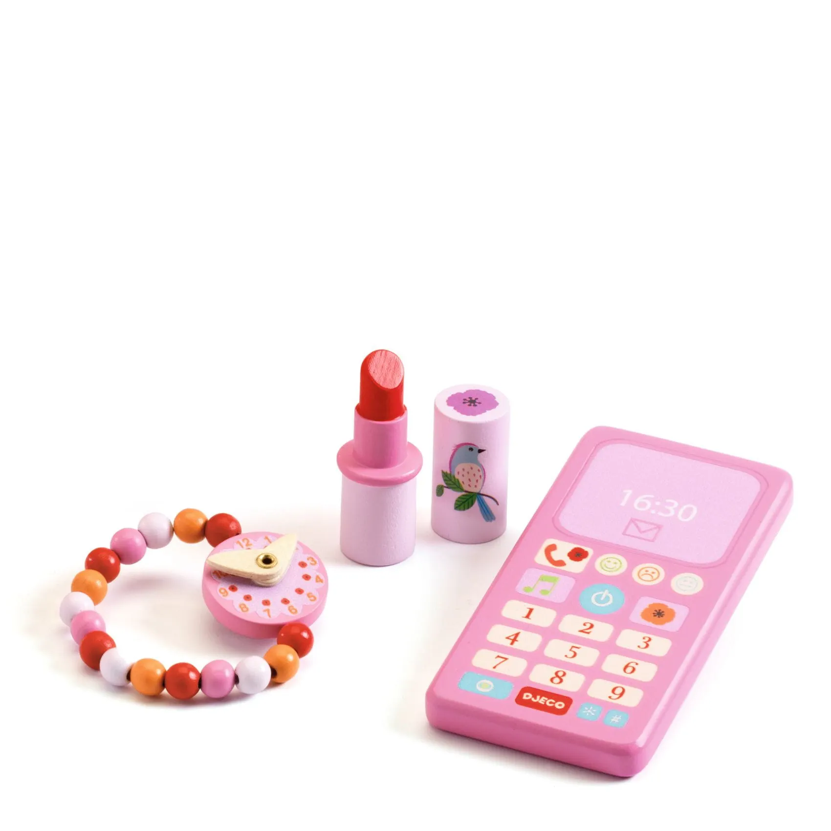 Djeco - różowa torebka dziecięca z drewnianymi akcesoriami Djeco - różowa torebka dziecięca z drewnianymi akcesoriami